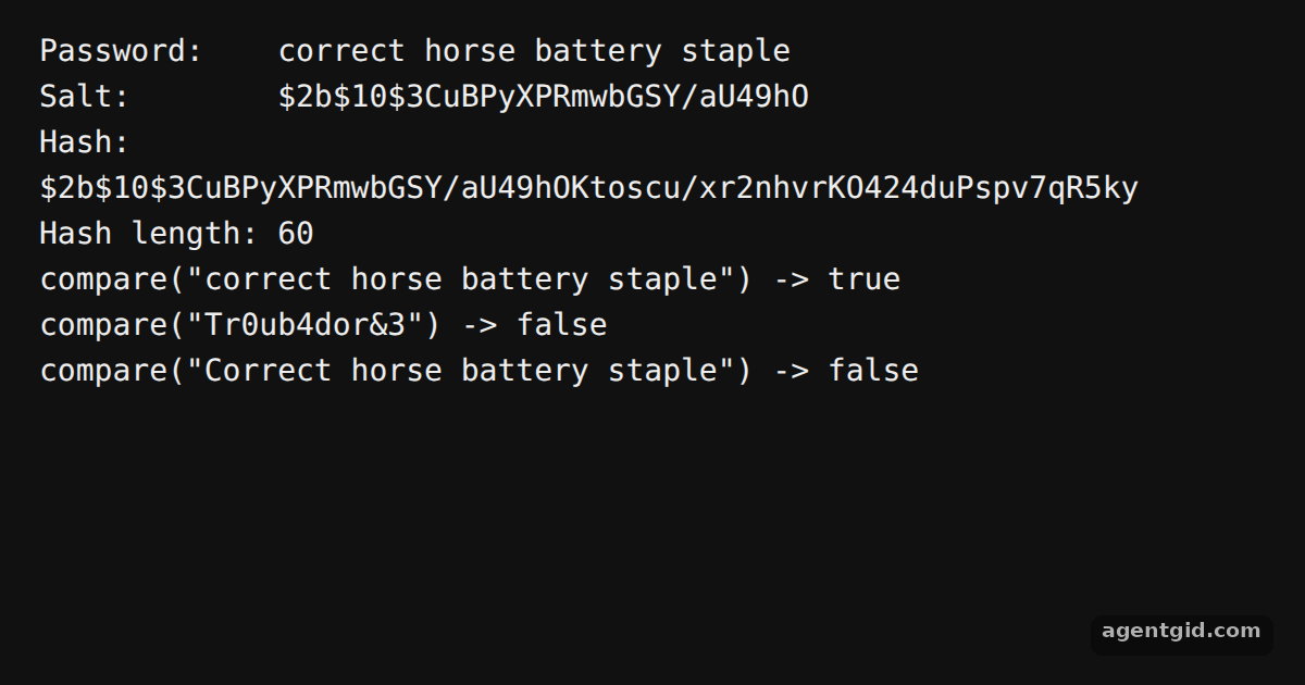 Hashing and checking a password with bcryptjs: screenshot of the example running