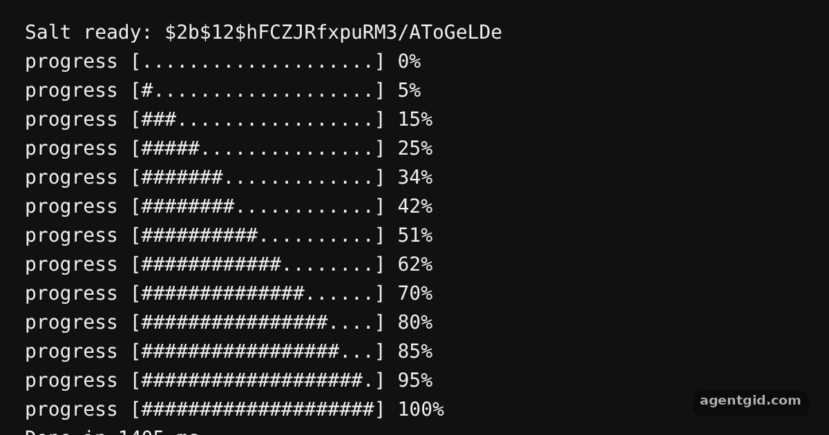 Hash progress and callbacks in bcryptjs: screenshot of the example running