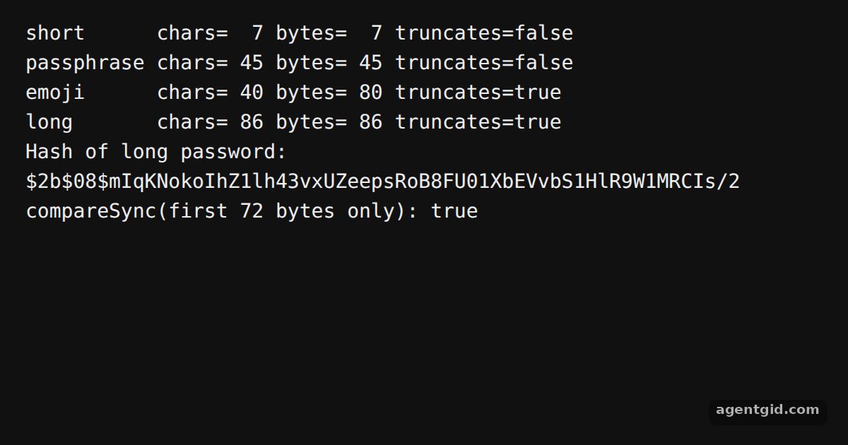 Checking the 72-byte limit with bcryptjs: screenshot of the example running