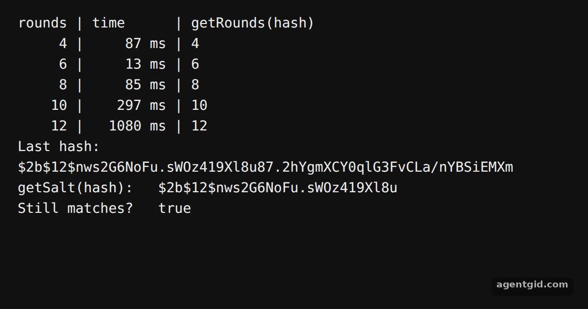 Salt rounds and cost in bcryptjs: screenshot of the example running