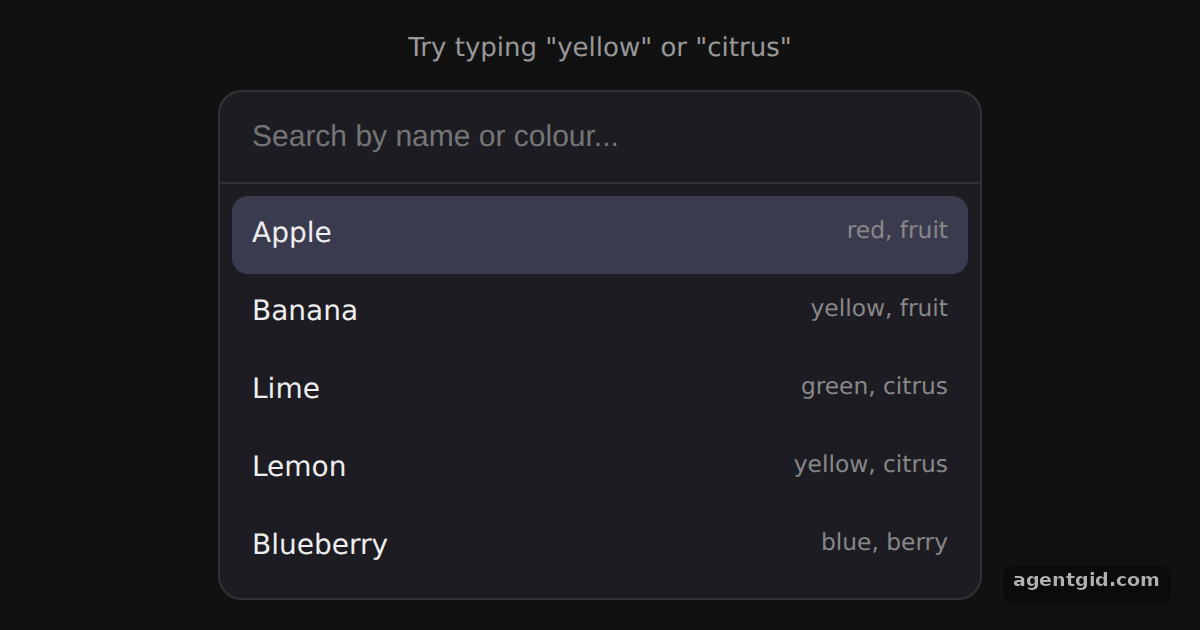 Custom filter and keywords in cmdk: screenshot of the example running