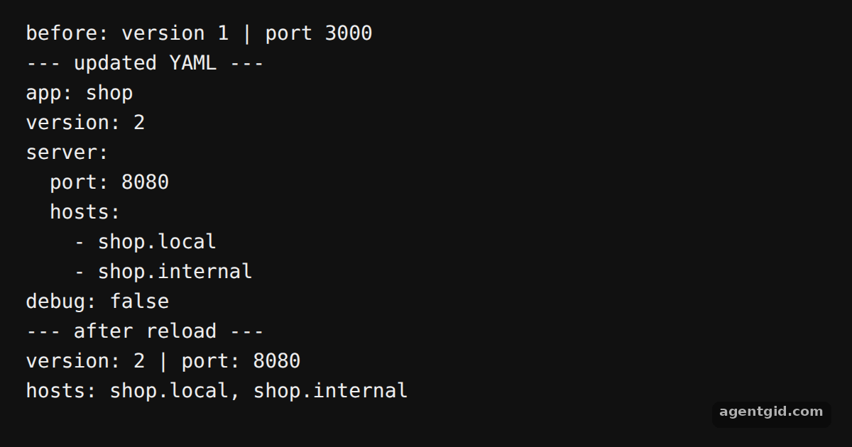 Update a YAML config with js-yaml: screenshot of the example running