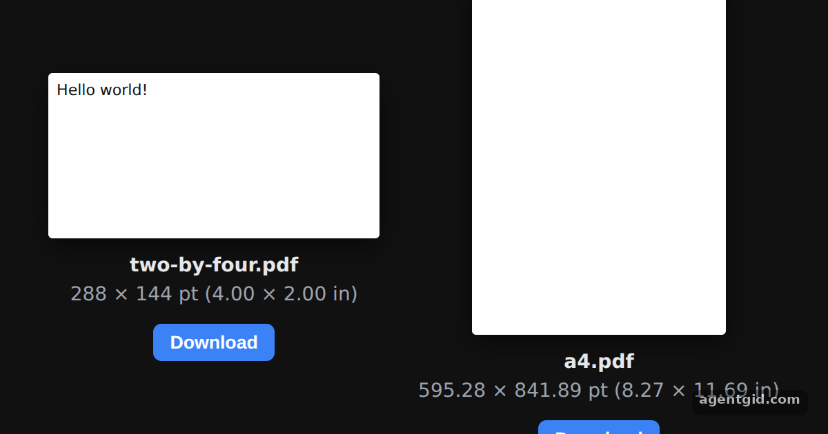 Page size, orientation and units in jsPDF: screenshot of the example running