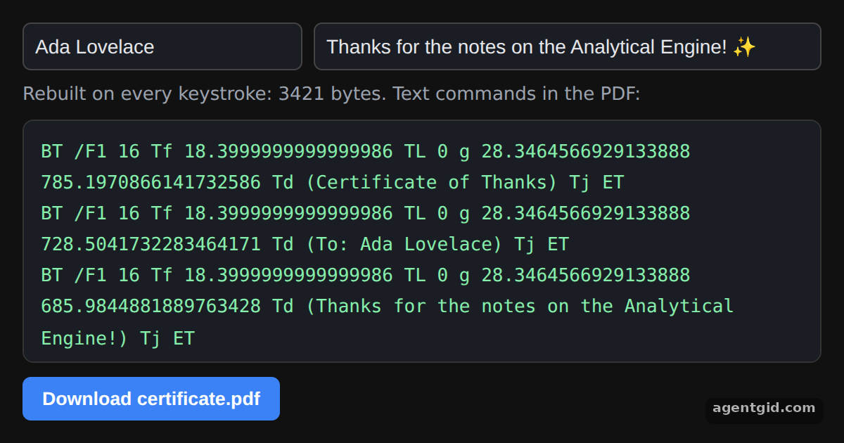 Generating a PDF from user input with jsPDF: screenshot of the example running