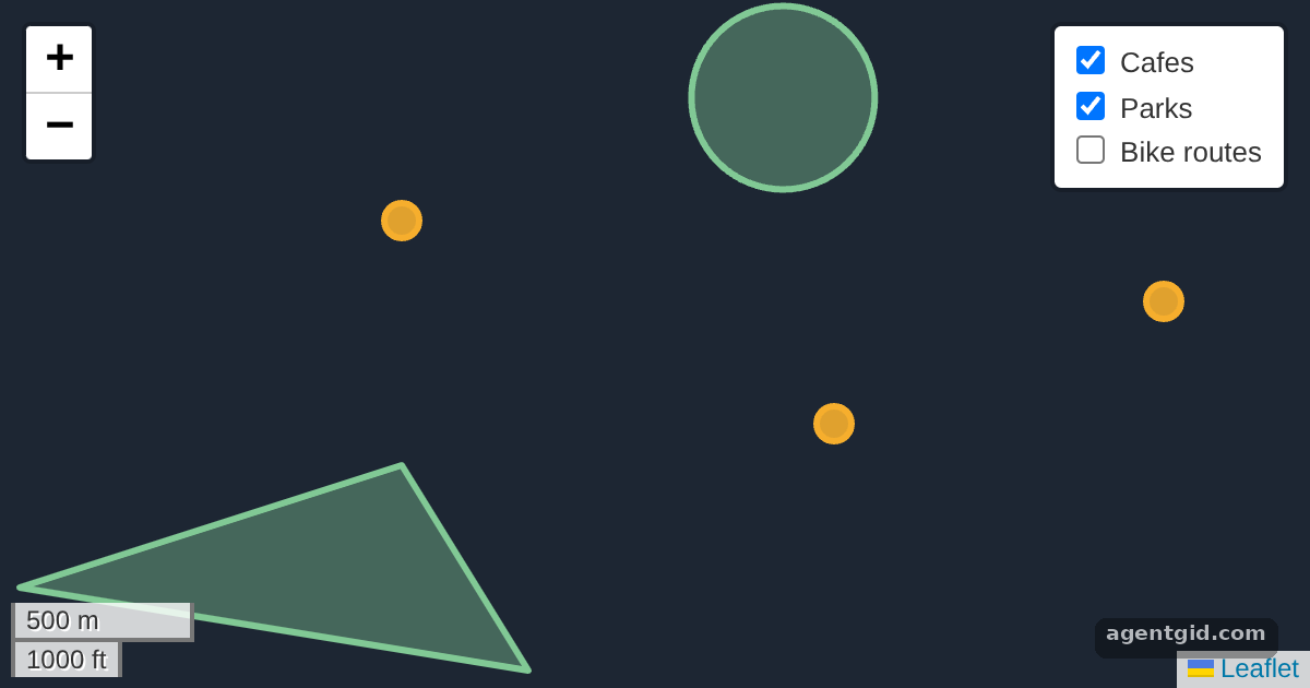 Layer switcher and scale control in Leaflet: screenshot of the example running