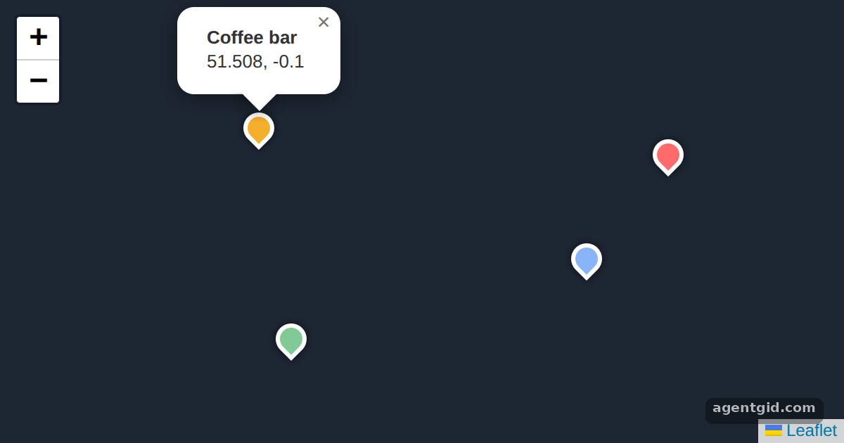 Markers and popups in Leaflet: screenshot of the example running