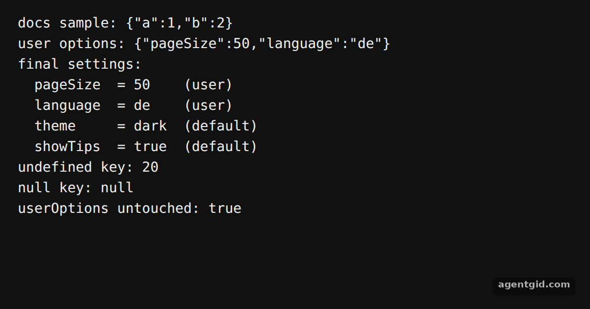 Default values with _.defaults: screenshot of the example running