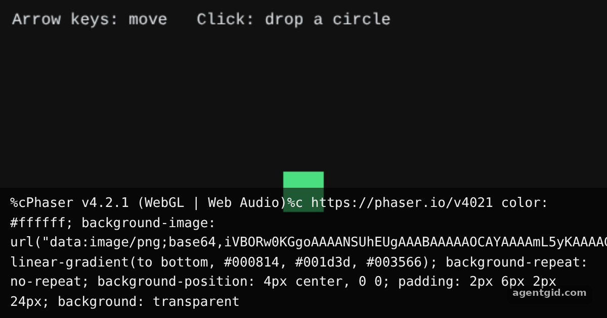 Keyboard and pointer input in Phaser: screenshot of the example running