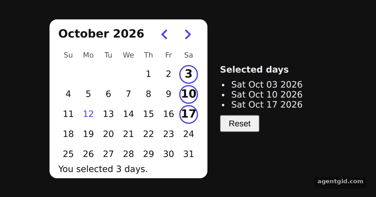 Selecting multiple dates in React Day Picker: screenshot of the example running