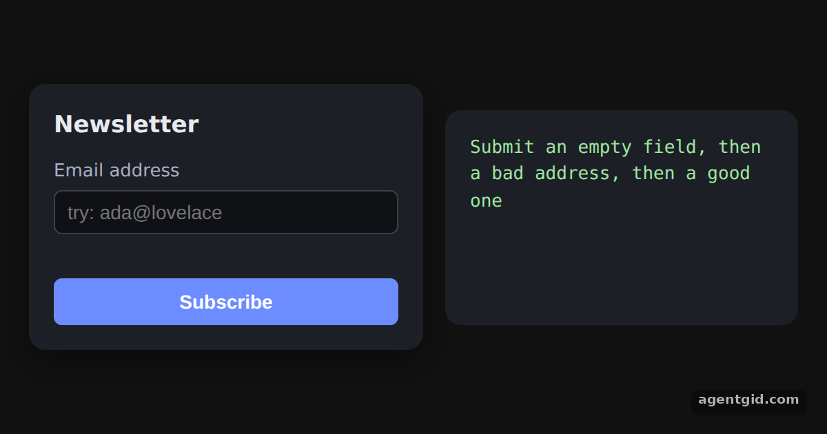 Email validation with pattern in React Hook Form: screenshot of the example running