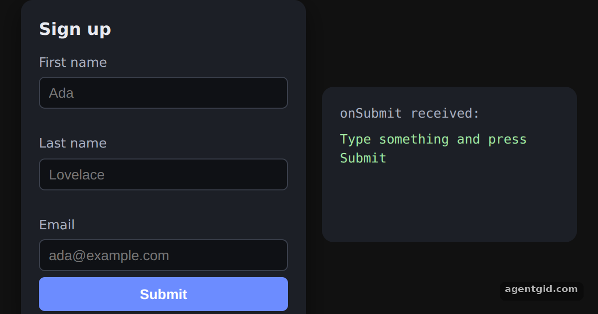 useForm, register and handleSubmit in React Hook Form: screenshot of the example running