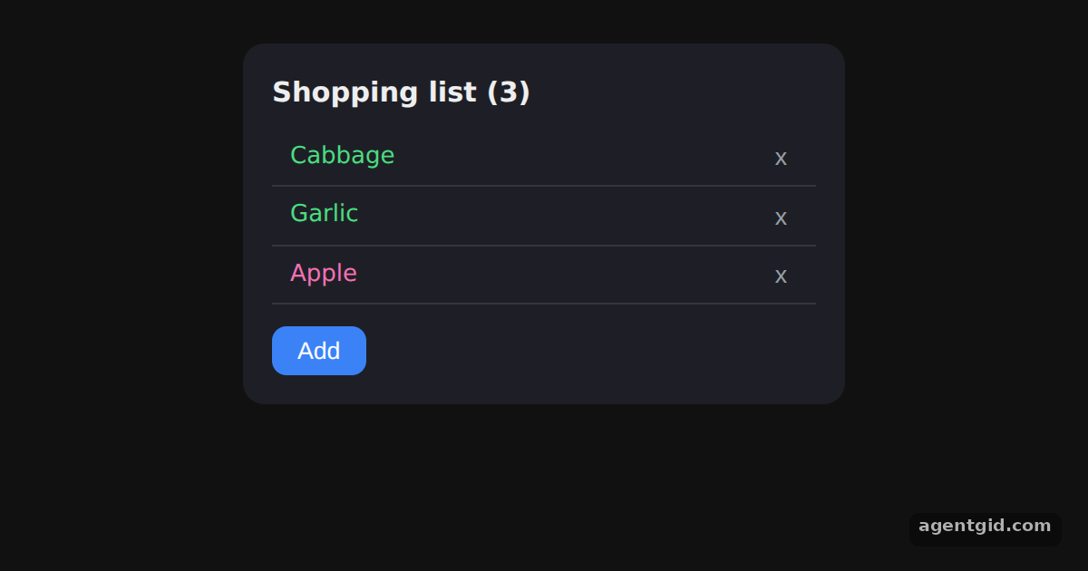 Rendering lists in React: screenshot of the example running