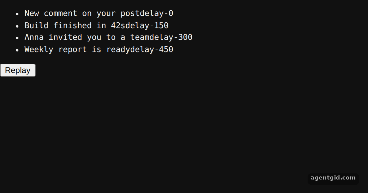 Staggered delays in tw-animate-css: screenshot of the example running