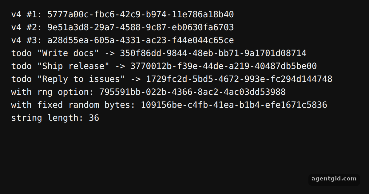 Random UUIDs with uuid v4: screenshot of the example running