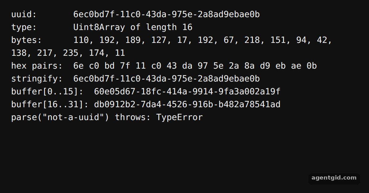 Converting UUIDs to bytes with uuid: screenshot of the example running