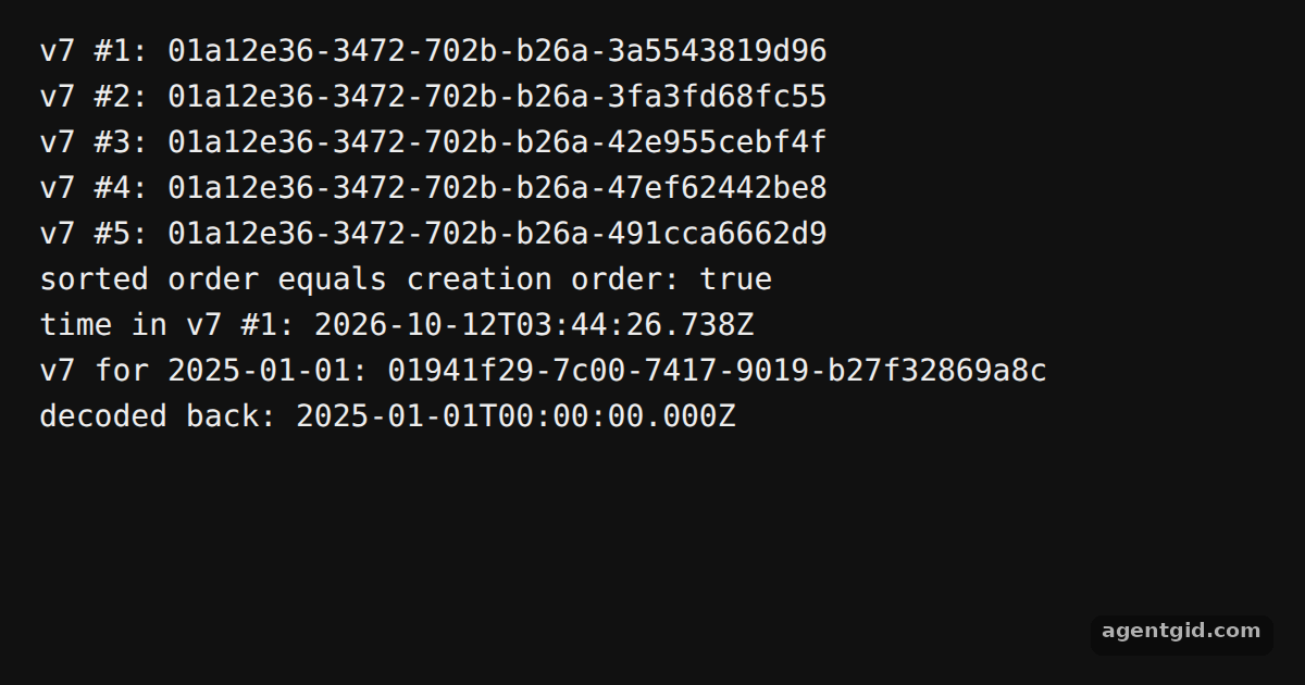 Time-based UUIDs with uuid v7: screenshot of the example running