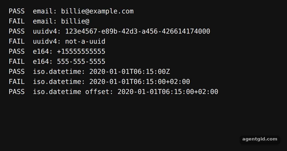 String formats in Zod: email, UUID, phone, datetime: screenshot of the example running