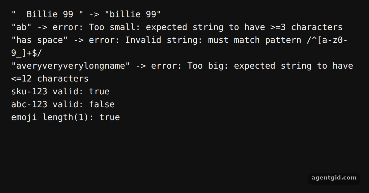 String validation in Zod: screenshot of the example running